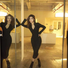 特价清仓 女明星黑色深v领辣妹收腰长款包臀裙连衣裙早秋不退不换