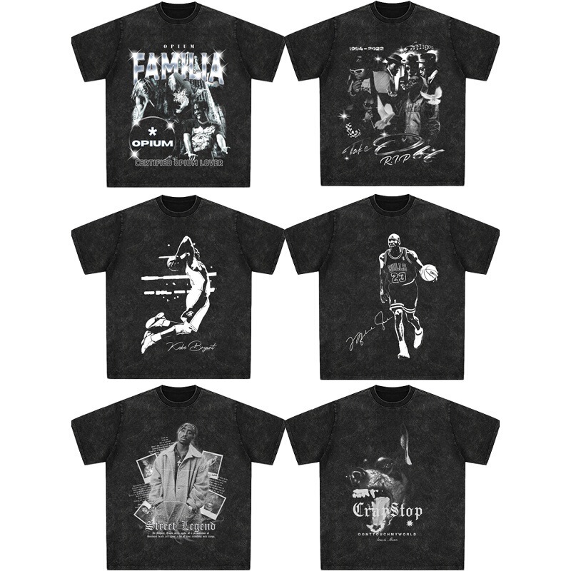 Opium American Retro Black and White Short-Sleeved Loose Hip-Hop Star Vintage Portrait Dog Head Print Unisex T-Shirt Opium American Retro Black and White Short-Sleeved Loose Hip-Hop Star Vintage Portrait Dog Head Print Unisex T-Shirt