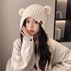 かわいいクマ耳ニット帽子韓国スタイルルーズ雷峰帽子女性の冬厚く暖かい多用途三つ編みウール帽子