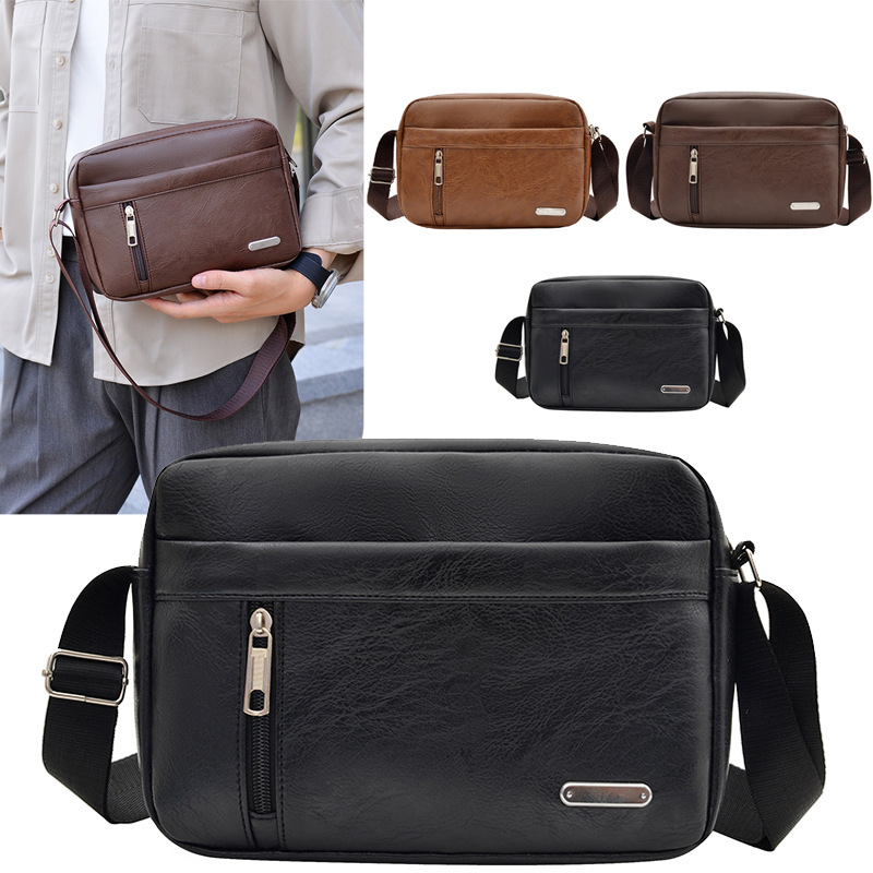Men's new PU leather shoulder bag, horizontal style, fashionable casual business crossbody bag, multi-layer waterproof small single-shoulder bag, cross-border