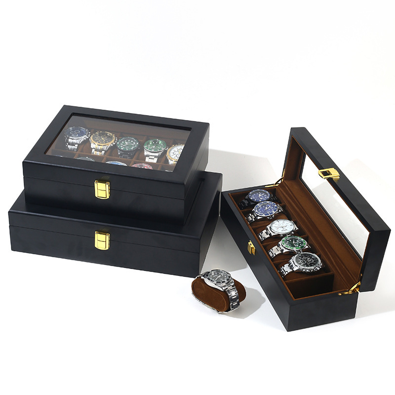 In-Stock Watch Box Cross-Border High-End Storage Box Six-Slot Solid Wood Lacquered Black Wooden Watch Case Wholesale Gift Box