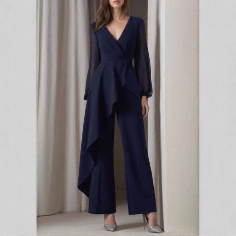 2026 European and American Foreign Trade Women's Clothing Elegant and Chic Casual Navy Blue V-Neck Ruffled Long-Sleeved Jumpsuit with Wide-Leg Pants 2026 European and American Foreign Trade Women's Clothing Elegant and Chic Casual Navy Blue V-Neck Ruffled Long-Sleeved Jumpsuit with Wide-Leg Pants