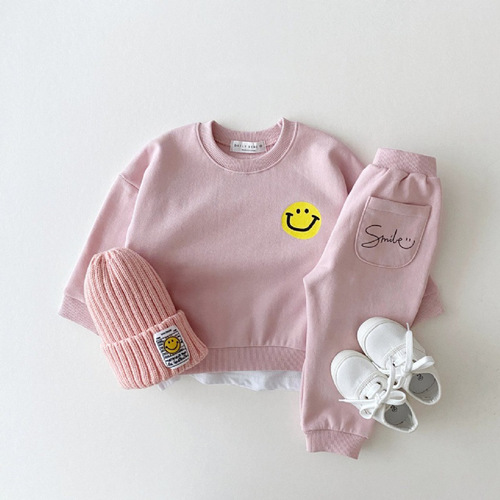 2024 Spring and Autumn Season Unisex Baby and Toddler Cotton Set with Smiling Design Loose Sweatshirt and Sweatpants Two-Piece Set
