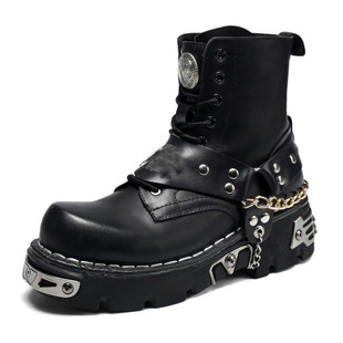 Martin Boots Men's Genuine Leather Motorcycle Skull Handmade Chain Punk Ankle Boots Women's Medium Metal Platform Western Denim
