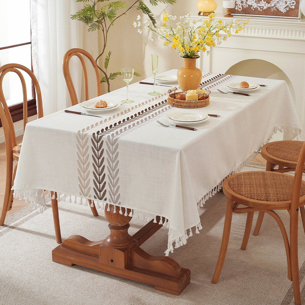 Amazon Nordic Cotton and Linen Tablecloth Embroidered Dustproof Table Cloth Rectangular Coffee Table Cover Home Tassel Design