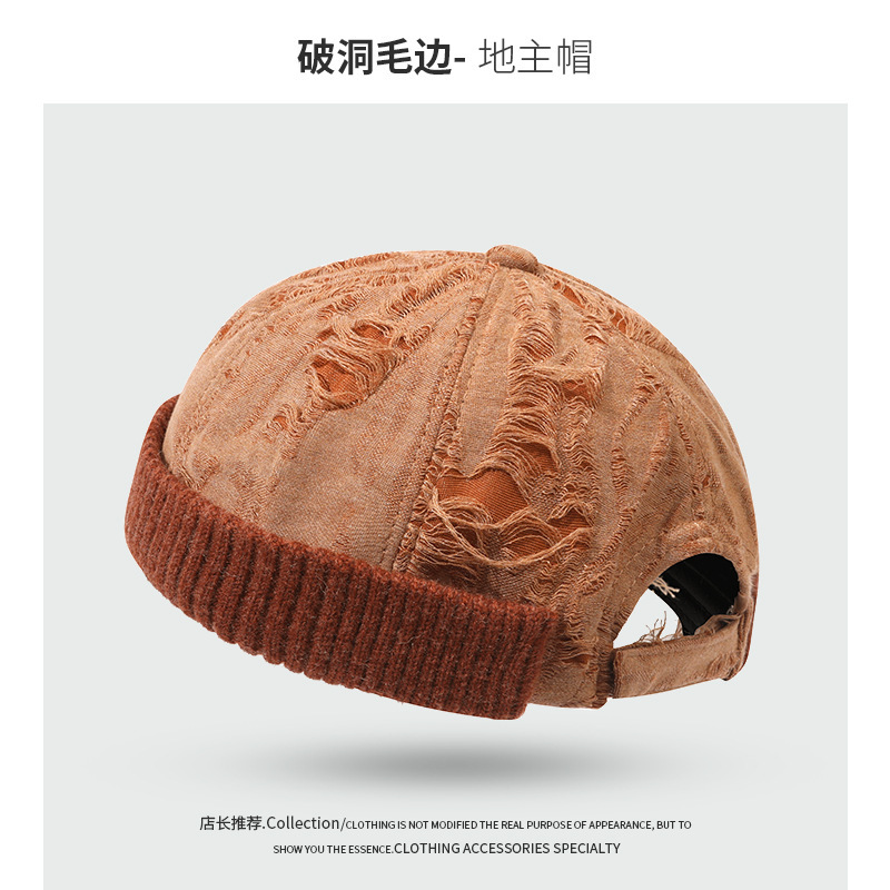 春秋新款废土风软顶破洞磨毛地主帽雅痞瓜皮帽无檐复古街头包头帽|undefined