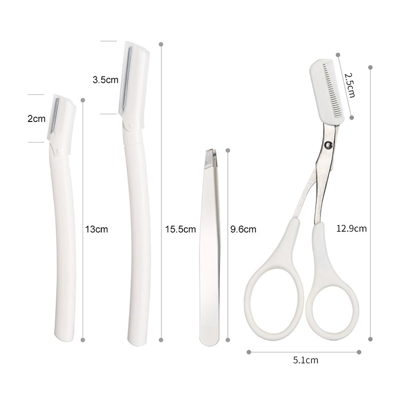 White precise razor stainless steel, scissors, set, 4 piece set