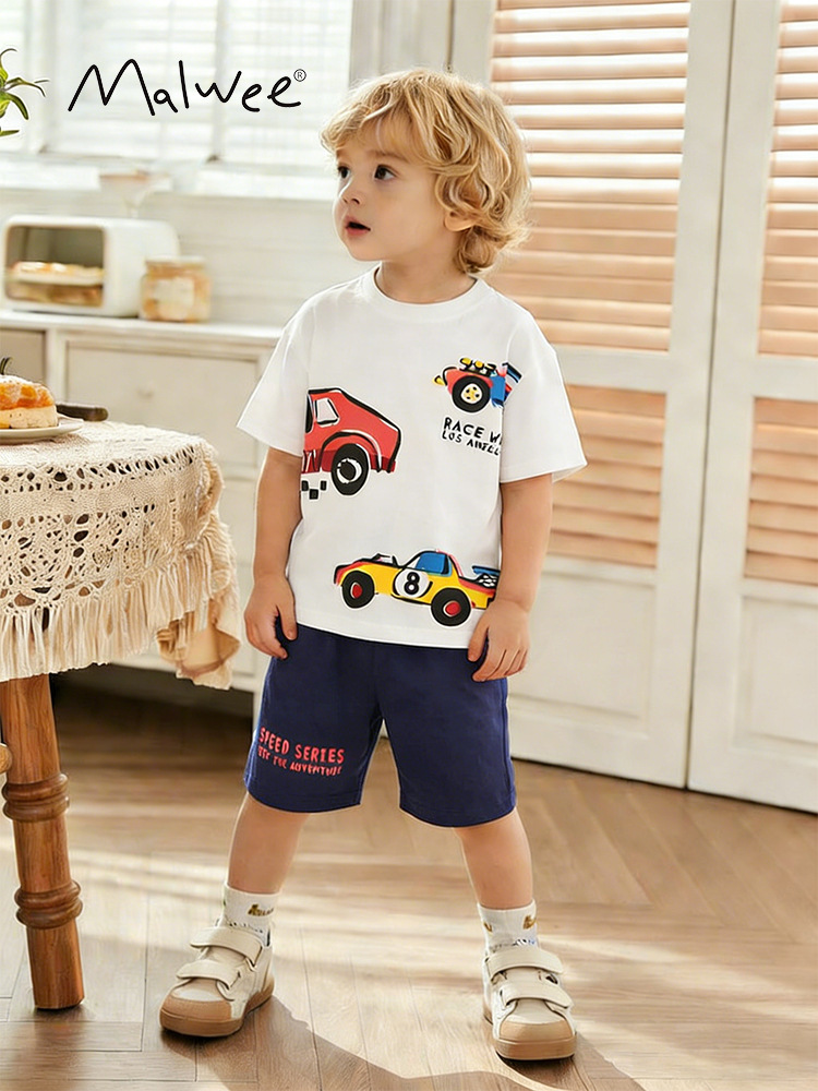 Malwee ropa para niños estilo europeo y americano de mangas cortas pantalones cortos dos piezas set de pantalones infantiles de verano ropa casual de moda infantil