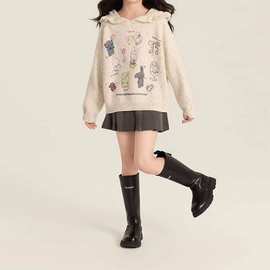 女中大童上衣秋季2025新款童趣卡通可爱小兔子绣花荷叶边连帽毛衣