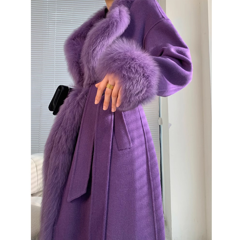 Double-sided Wool Coat Real Fox Fur Collar Women's Belted Purple
