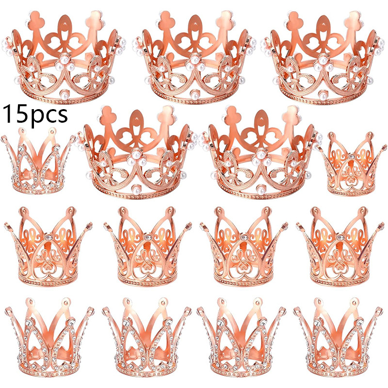 Ventas transfronterizas de aleación dorada corona de cabeza para niños fiesta de cumpleaños decoración de perlas de diamante decoración de pastel 15 piezas