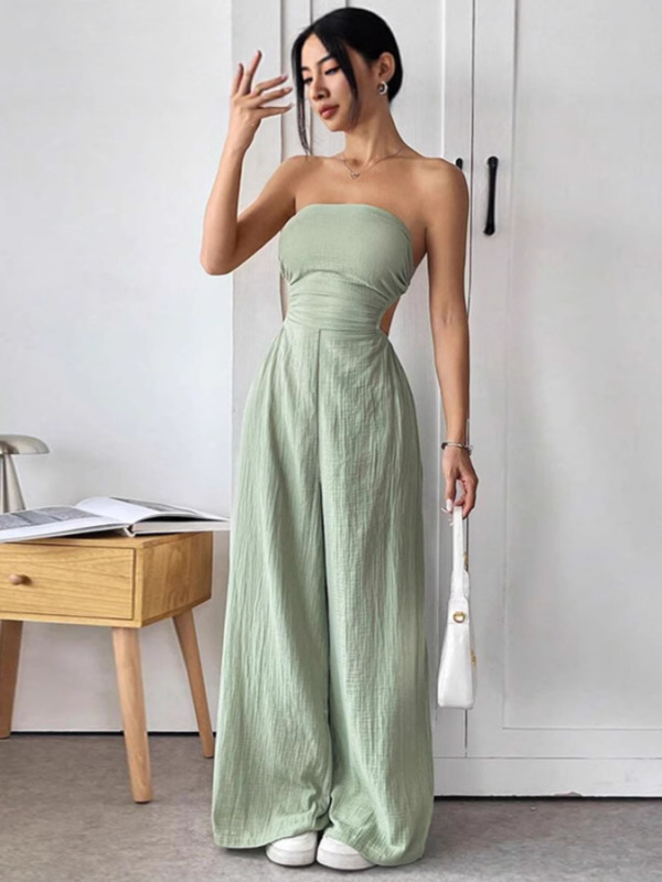 ヨーロッパとアメリカのクロスボーダーファッション気質カジュアル気質Lv服婦人服無地チューブトップウエストワイドレッグパンツ|undefined