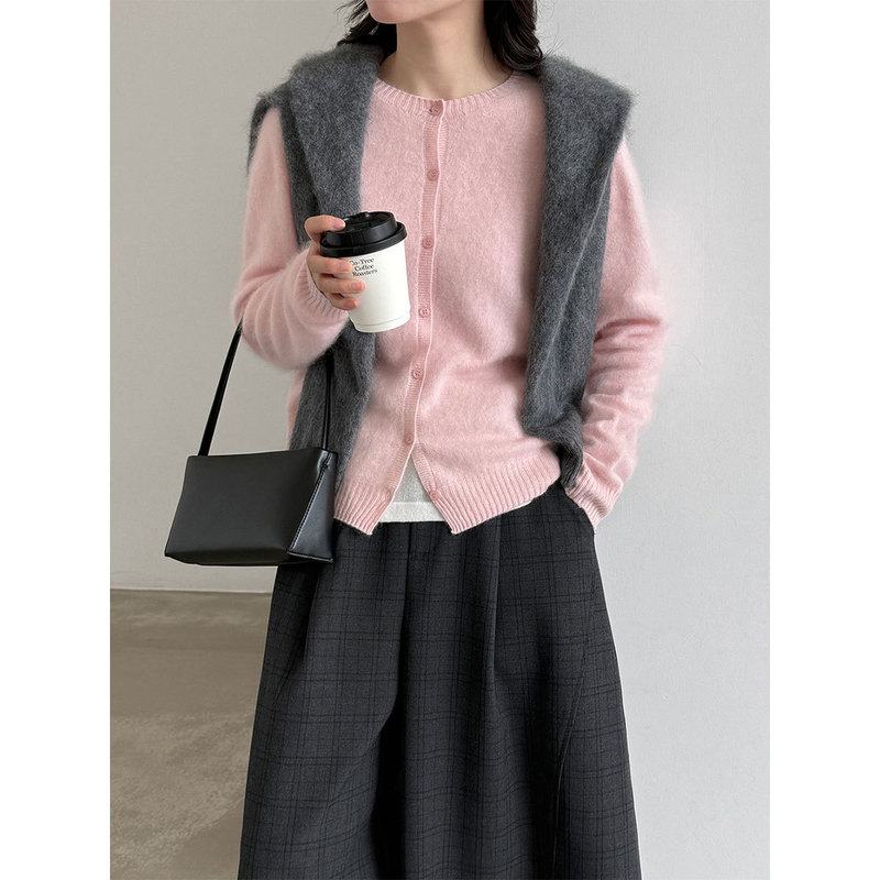 LUXI soft and fluffy wool blend Korean-style round-neck knitted cardigan for women, autumn lazy style, gentle sweater ss1078