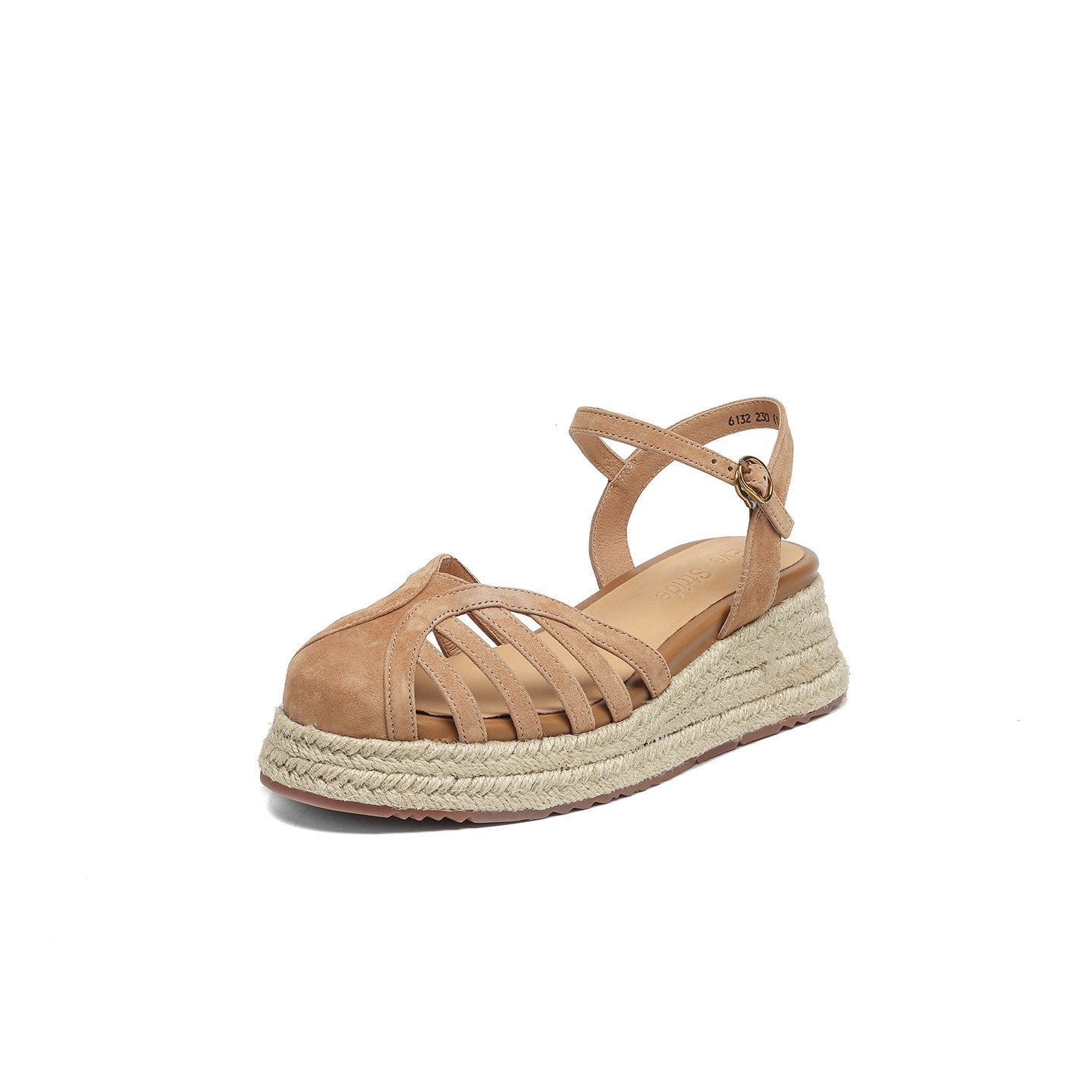 2026 cómodas sandalias casuales de paja huecas transpirables tacones de gamuza con hebilla romana para mujeres