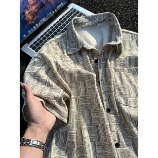 格纹短袖衬衫男夏季薄款潮牌美式痞帅翻领衬衣宽松休闲五分袖外套