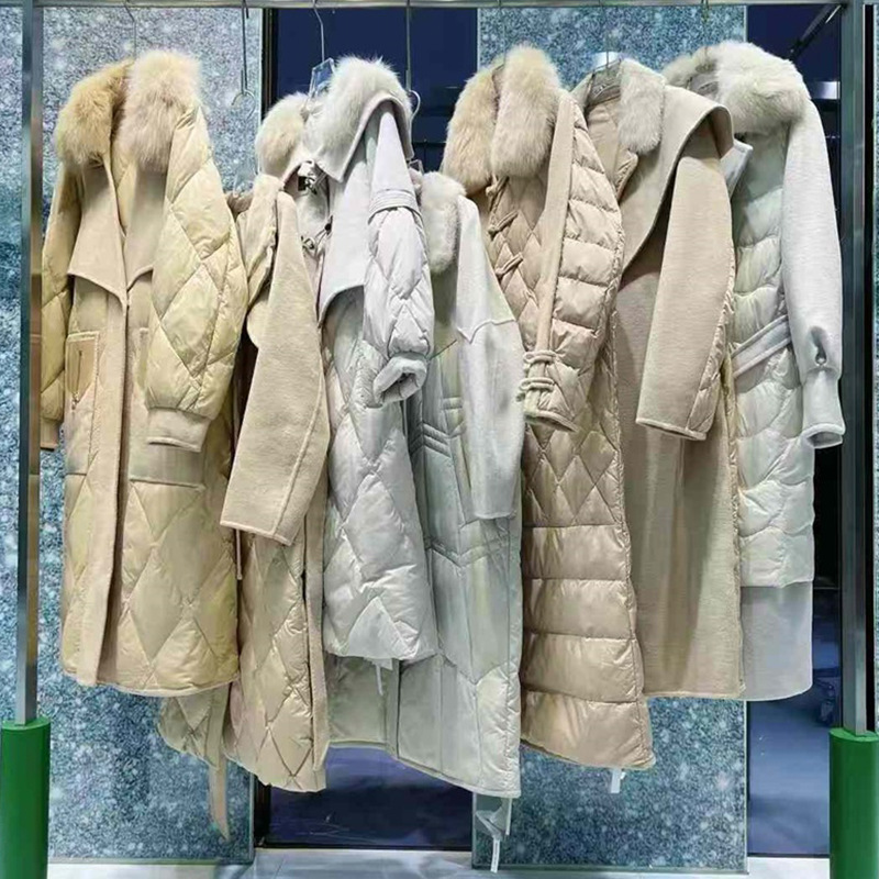 玛瑞诺华2024冬羊绒拼鹅绒服奢华大毛领外套品牌折扣直播一手货