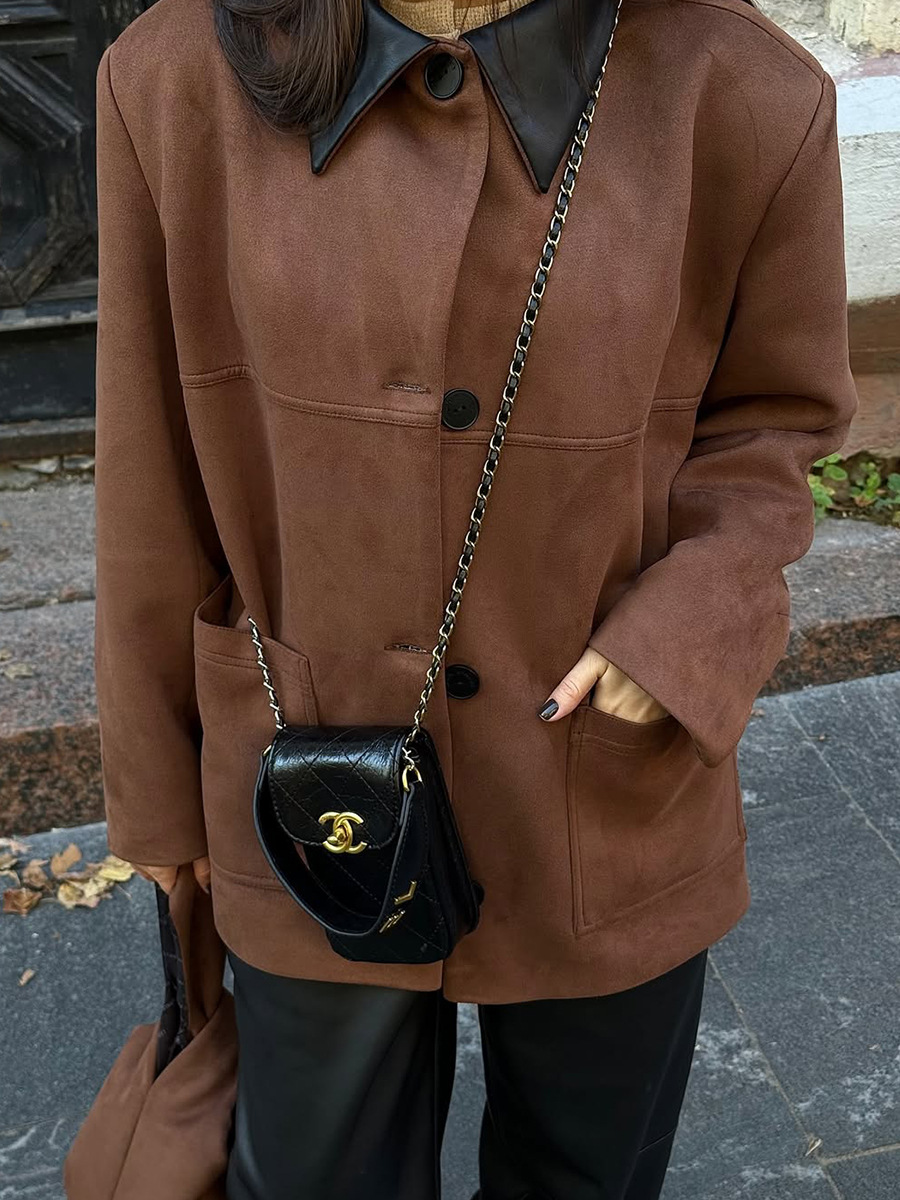 Transfronterizo chaqueta de seda de color café Europa y los Estados Unidos otoño y invierno 2025 nuevo chaqueta de seda empalmada de cuello negro suelta