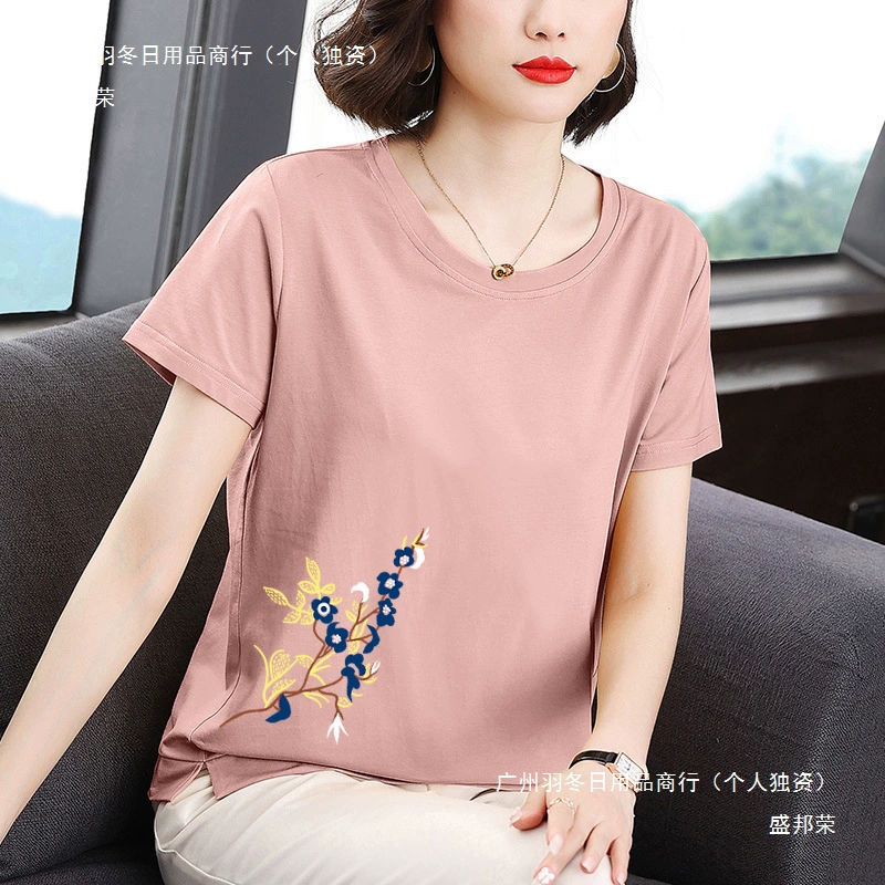 Хлопковая футболка для женщин, летняя одежда с короткими рукавами для мам, свободная и тонкая, новый китайский стиль, женская одежда среднего возраста, модные топы.