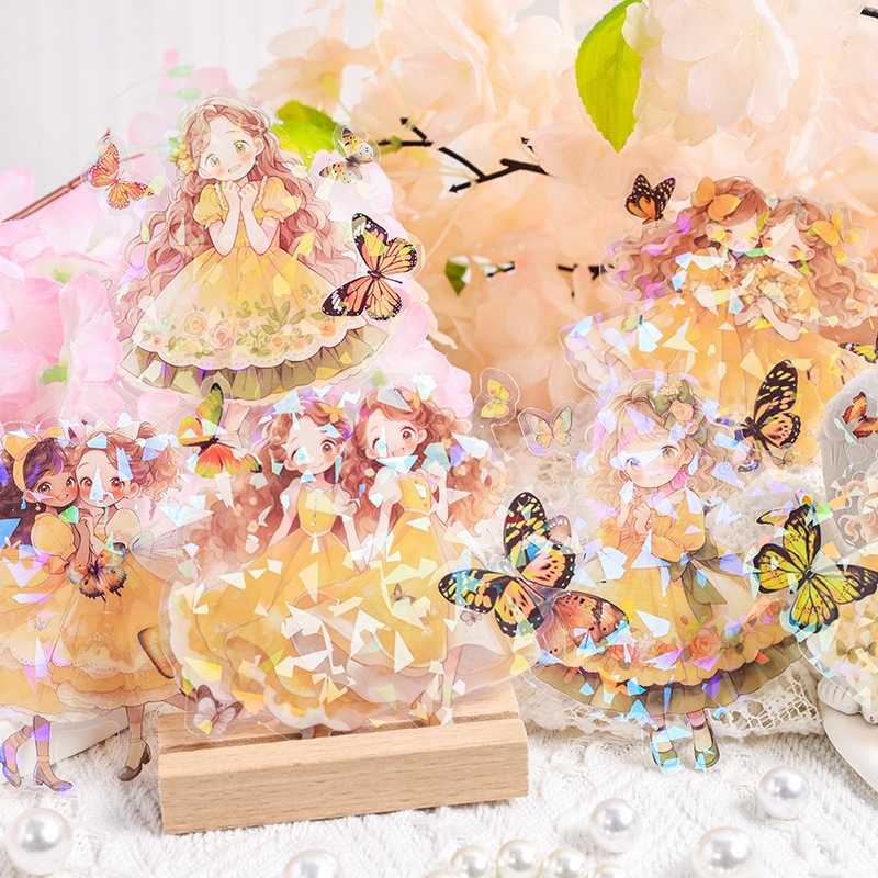 Misty mariposa chica conchas pegatinas láser luz bolsas DIY pegatinas de mascotas impermeables transparentes pegatinas de papelería adorables chicas