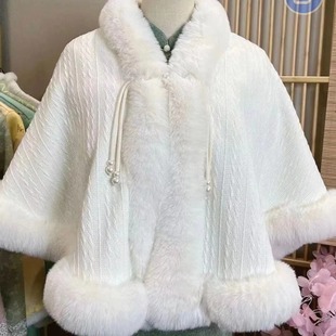 National style autumn and winter New cheongsam Hanfu outer shawl fleece-lined thickened fur collar knitted small coat warm cloak