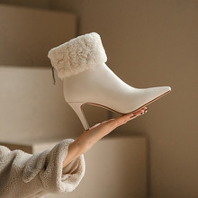 頭層牛皮羊羔毛細跟高跟短靴2022冬天米白色大棉保暖女士氣質靴子