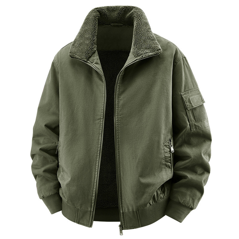 Cross-Border 2025 New Style Jacket, Washed Cotton Coat, Men's Flight Jacket, Autumn and Winter Lamb Wool Lining Cotton Coat, Middle-Aged Men's Top