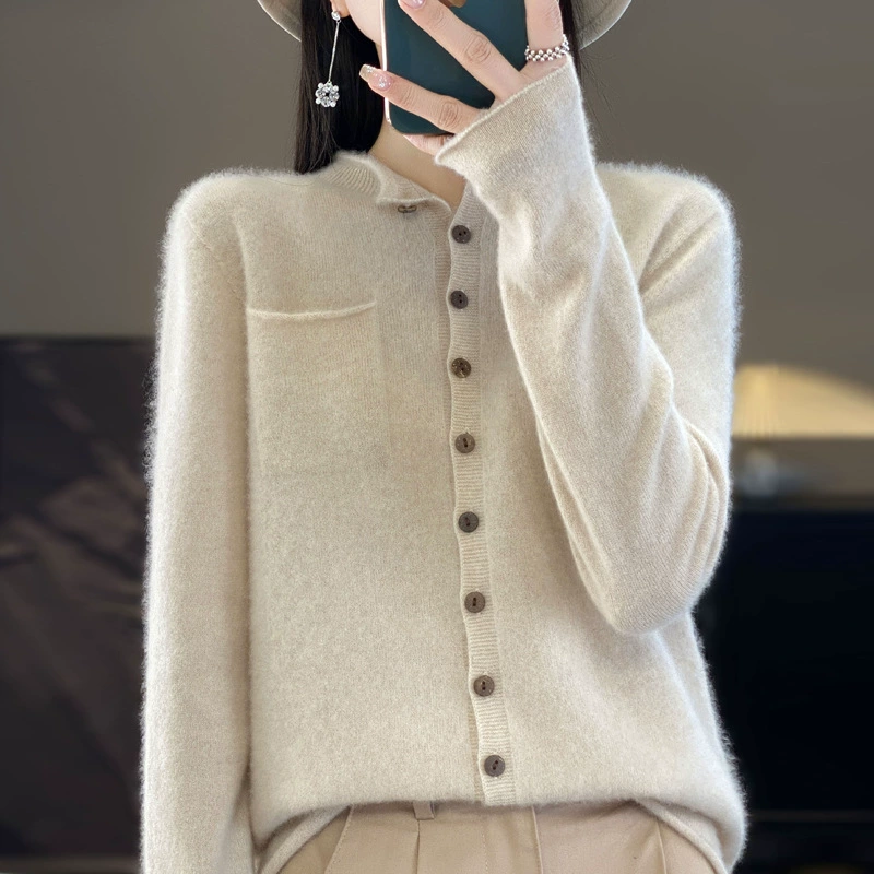 Однотонный готовый к носке шерстяной кардиган для женщин с закругленными краями, круглым вырезом и карманами, верхняя одежда с длинными рукавами, свитер, свободная кашемировая трикотажная верхняя одежда.