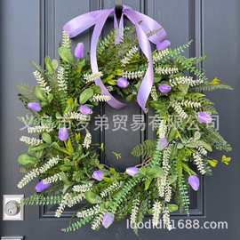 跨境独立站新品春季花环夏季花圈母亲节紫色郁金香花环前门壁挂