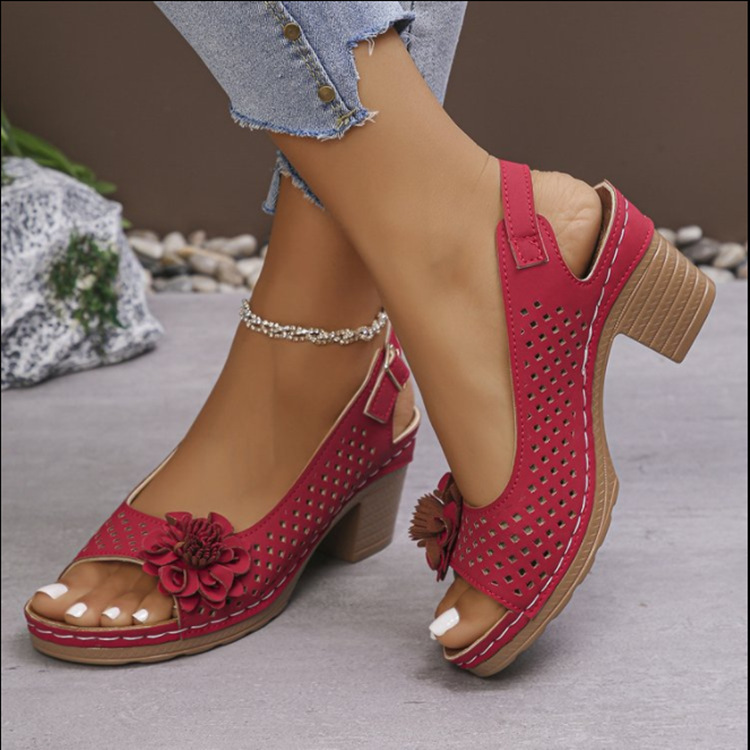 2025 Spring and Summer New Foreign Trade High-heeled Sandals Women's Shoes with Hollow Flower Sandals Fish-beak Chunky Heeled Sandals for Women