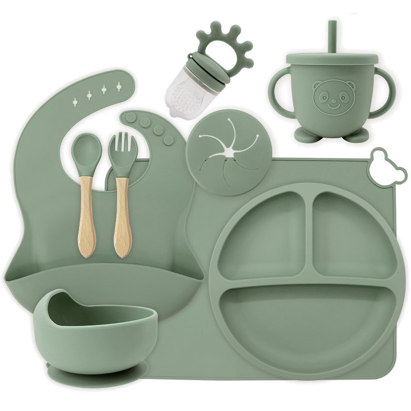 Juego de vajilla de silicona de una pieza, juego de diez piezas, plato de alimentación complementaria para bebés de seis meses, tazón de alimentación independiente para bebés