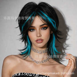 黑蓝挑染色狼尾假发男女同款高颜值化纤假发头套许昌假发工厂直发