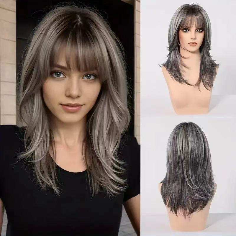 European and American New Amazon Best-Selling Fashion Wig for Women with Bangs, Slightly Curly, Medium-Length Wig, High-Temperature Silk Full Headgear