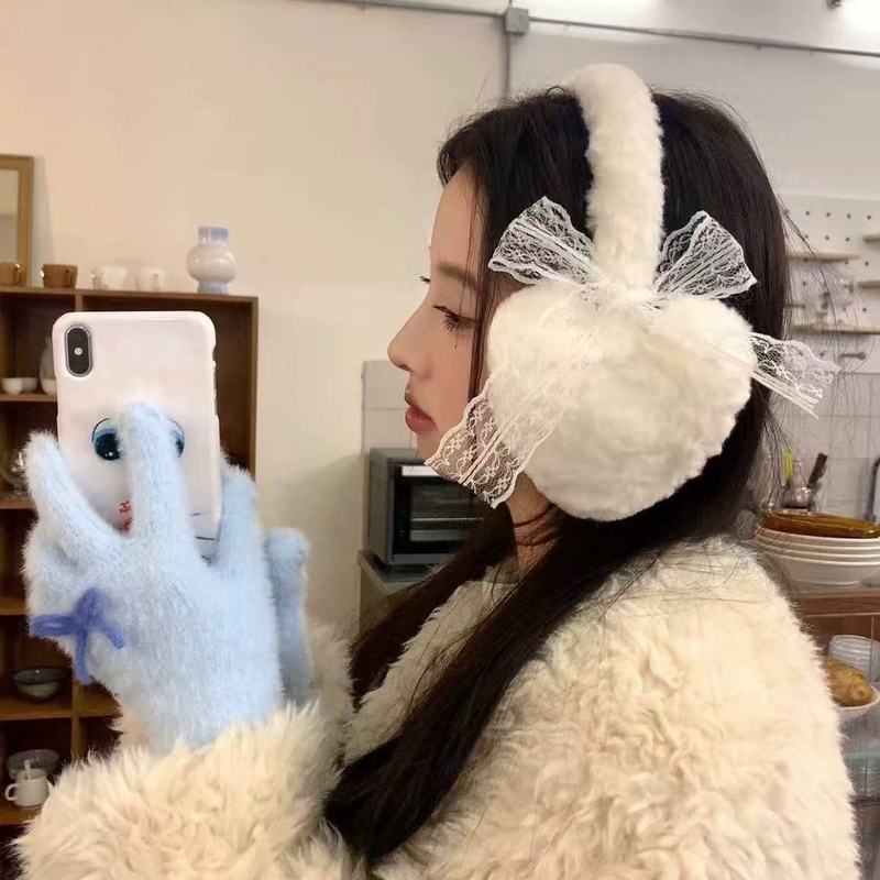 冬季耳罩甜美蕾丝蝴蝶结毛绒耳暖护耳骑车学生防寒耳捂子爱心耳套|undefined