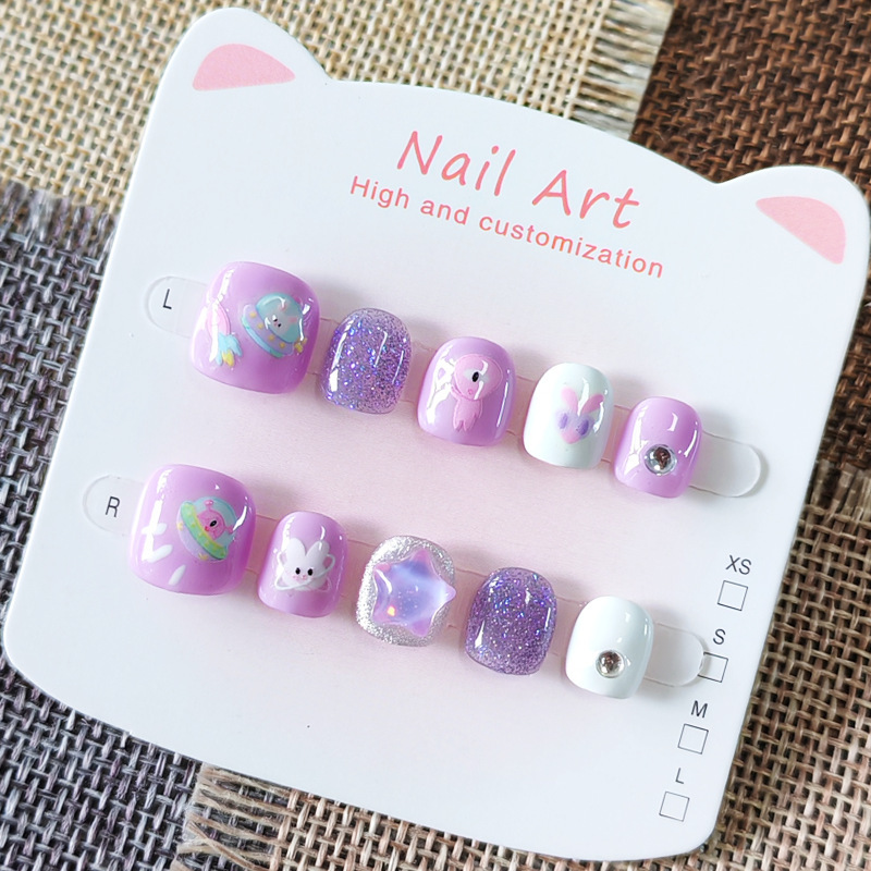 Children's Handmade Wearable Nails Alien Spaceship Student Manicure 3-6-12 Years Old Fake Nail Stickers Wholesale