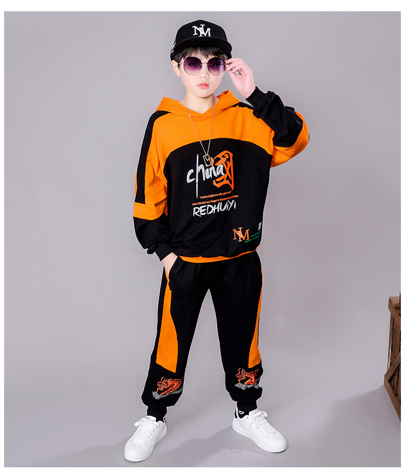 Costume d'automne pour garçons, beau taille moyenne, sweat à capuche contrasté, ensemble deux pièces pour enfants, vêtements de sport, nouvelle collection 2023_voghion.com