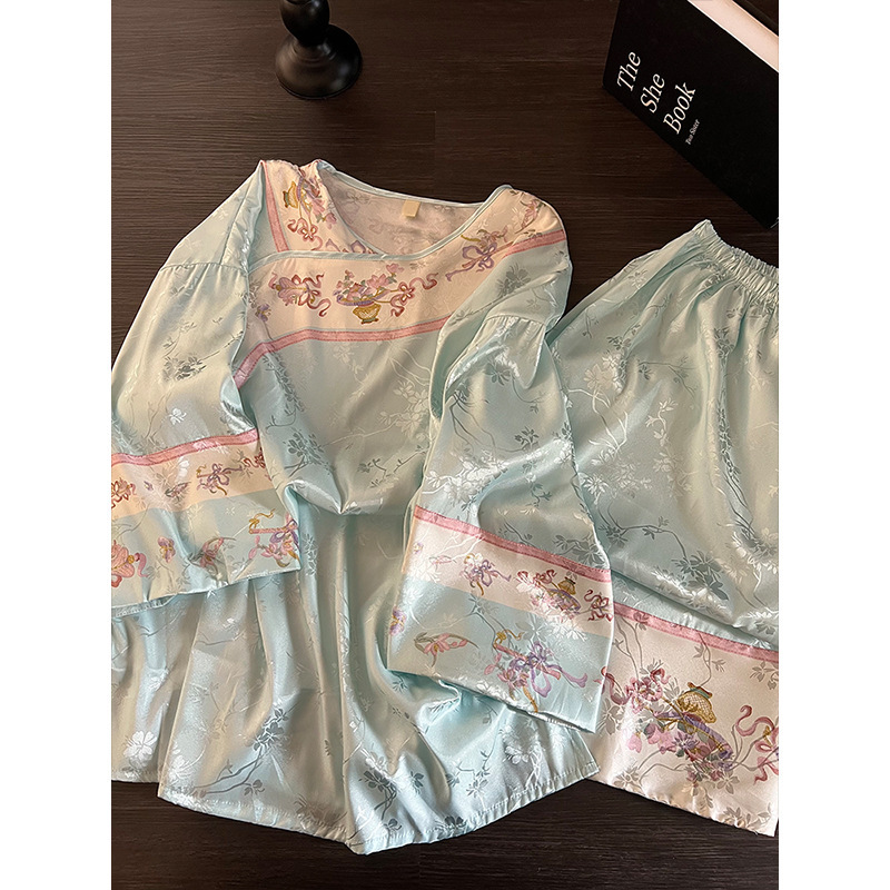 新中式甜美国风提花冰丝睡衣女款夏季大码七分袖长裤家居服两件套|undefined