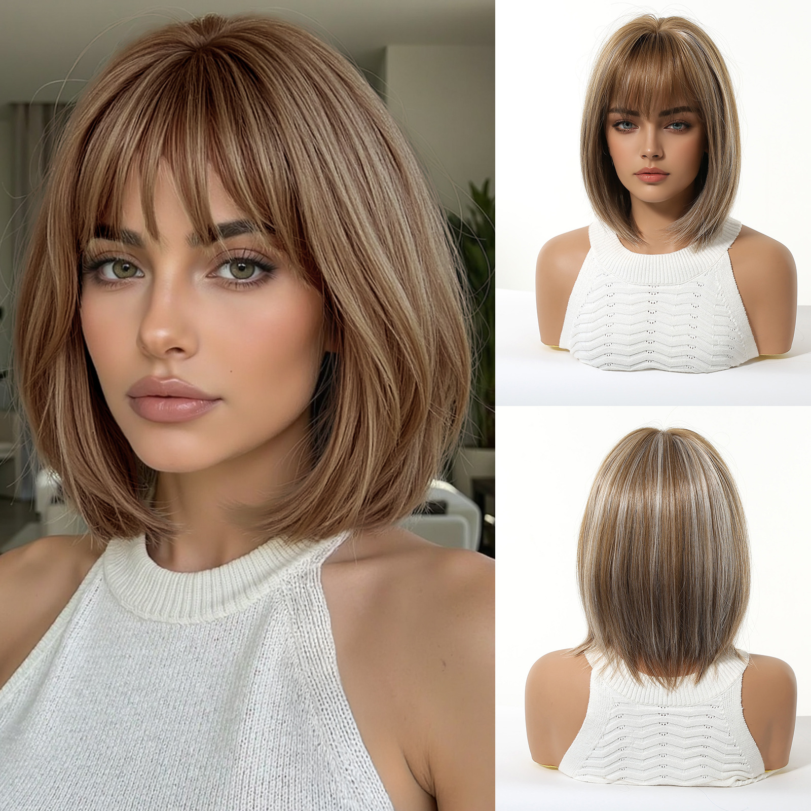 Oro cálido teñido Qi Hai Shun recto cabello corto cubierta de cabeza de seda de alta temperatura sombrero de red de rosas 12 pulgadas cuero cabelludo simulado Hai