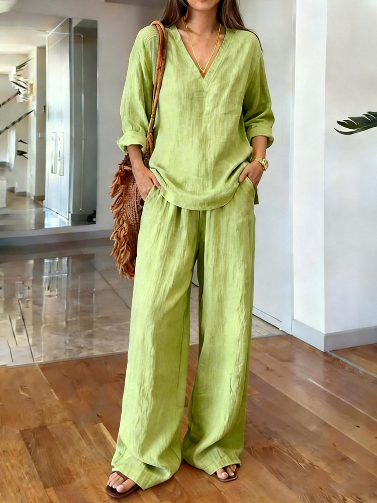 Casual Washed Cotton V Neck Pullover And Trouser Set For Women_voghion.com