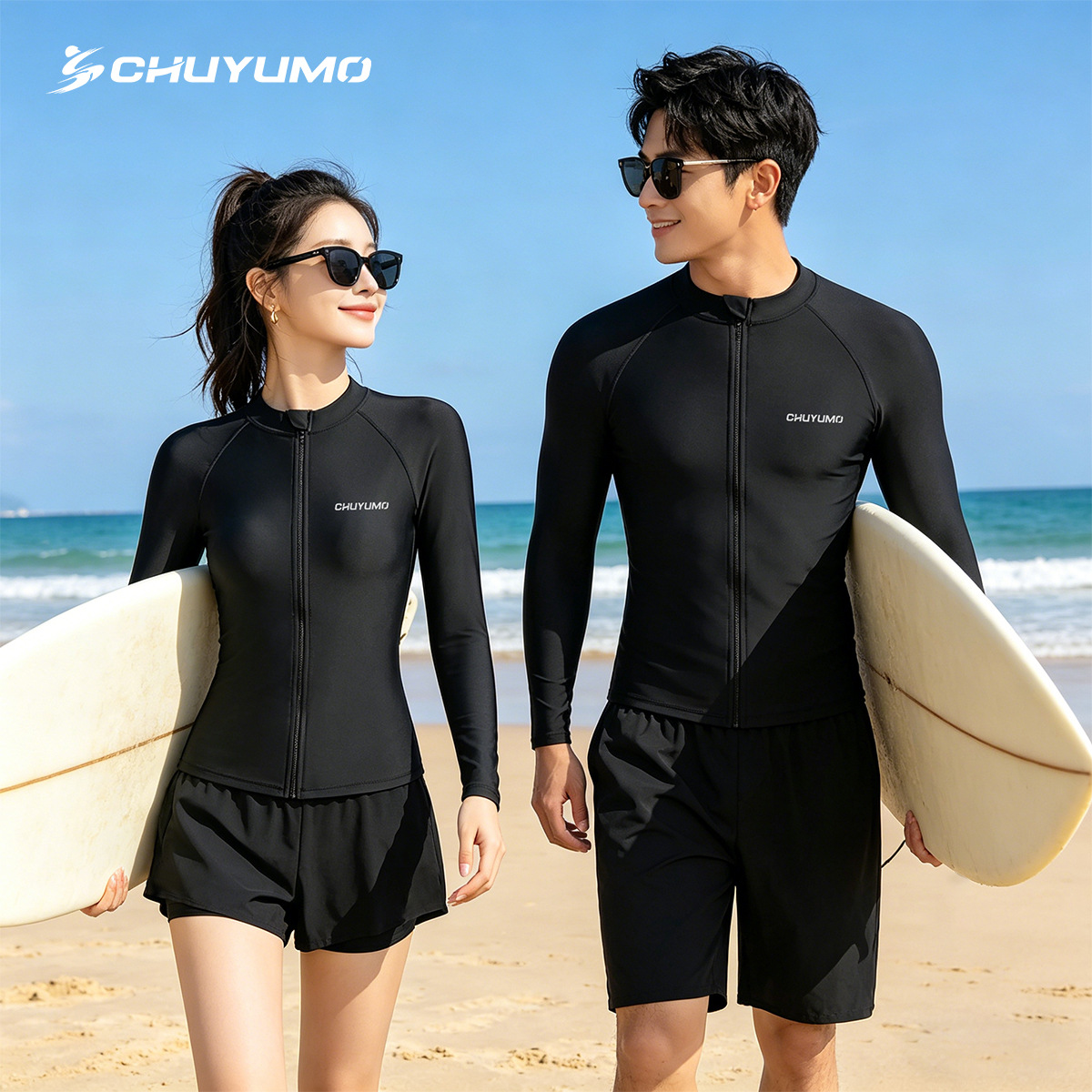 Surfing and Diving Suit Couple Set Long-Sleeve Two-Piece Snorkeling Rash Guard Outdoor Fitness Sports Sun Protection Quick-Dry Swimsuit