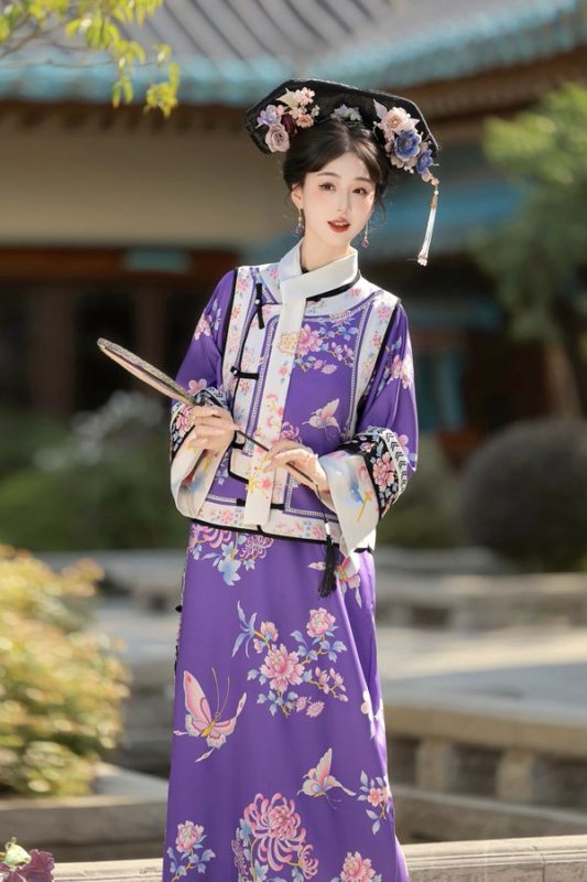 汉服女清代印花古装清朝延吉公主旗袍宫廷格格服两件套旅拍服装女|undefined