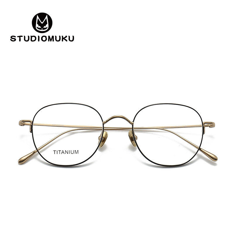 STUDIOMUKU Gafas de madera fresca Estilo académico clásico Conserva el marco redondo retro Marco de titanio puro Marco de gafas