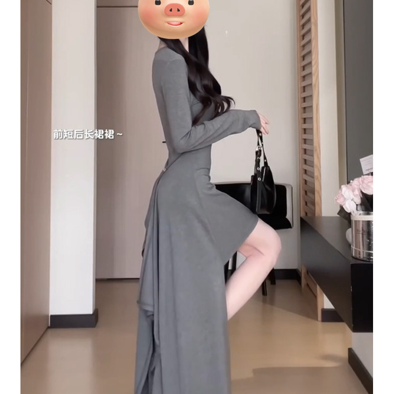 法式赫本风不规则黑色连衣裙子女春秋季2025年新款小个子气质长裙|undefined