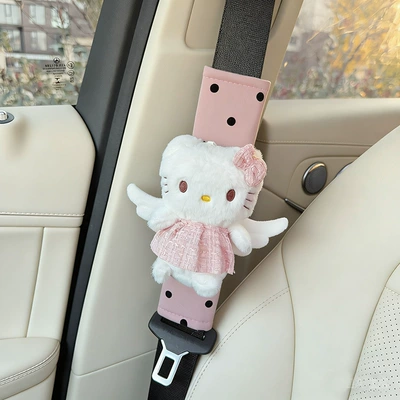 Sürətlər qutusu və əl tormozu başlıqları Decoration, Car Seat Belt Plush - pink-wings-cat-pink-polka-dot-shoulder-pads