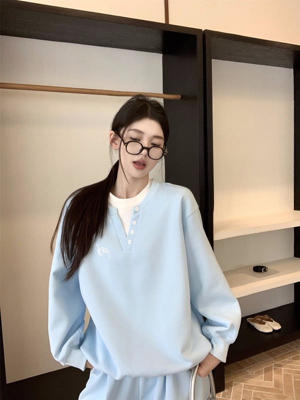 休闲运动蓝色卫衣套装女装韩系百搭高级感假两件上衣+直筒休闲裤|undefined