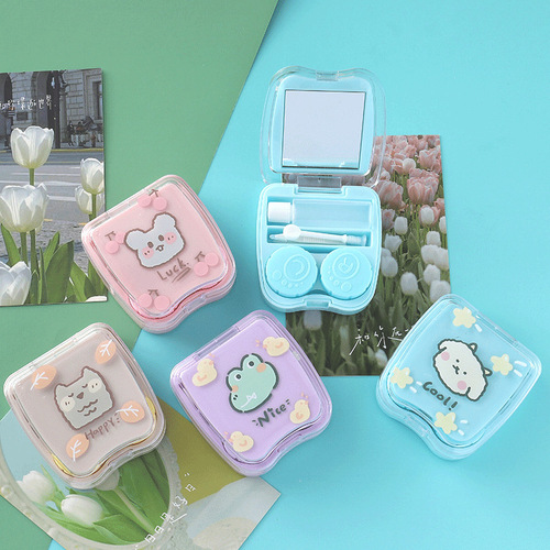 Portable Companion Double Box Tweezers Wearing Contact Lens Companion Box Cute Cartoon Pattern Contact Lens Care Box