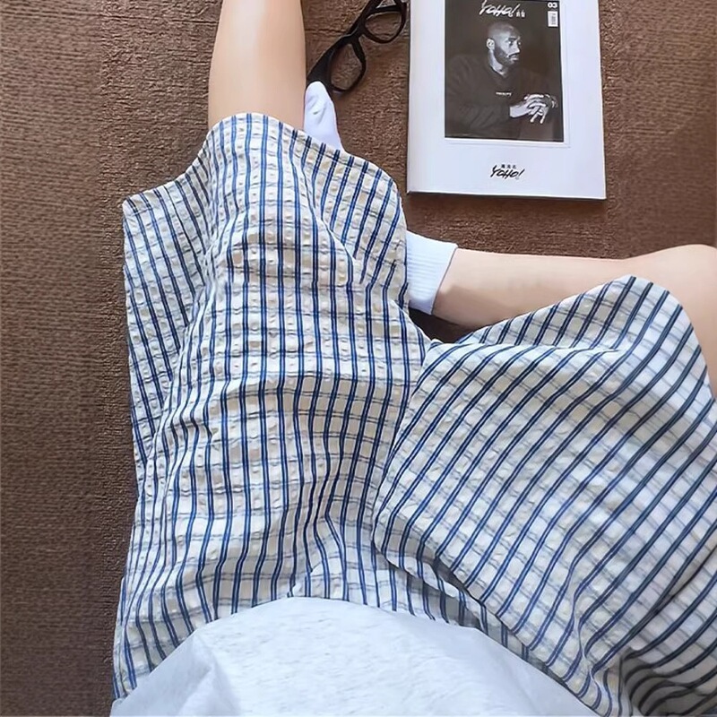 Japanese-Style Blue Plaid Striped Casual Shorts for Men and Women, Summer Korean-Style Lazy Style Bubble Gauze Couple's Five-Point Pants