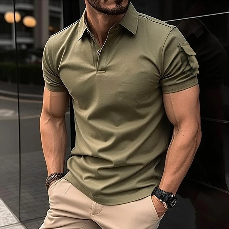 Polo da uomo monocromo a maniche corte con tasca sulla manica_voghion.com