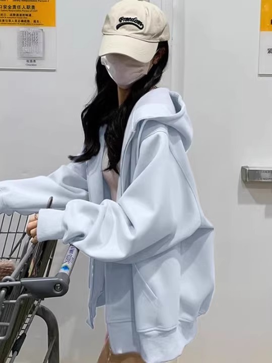 ブルーのスウェットシャツジャケット女性用秋2025新作人気秋ジッパーカーディガン中学生ベルベット厚手トップ