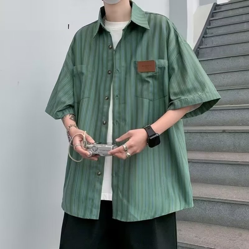 2025新款时尚条纹短袖衬衫男夏季设计感小众外套宽松潮牌港风衬衣
