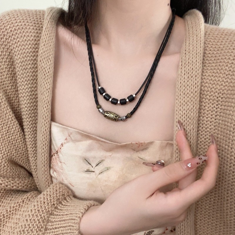新中式叠戴吊坠项链女藏式民族风复古锁骨链小众古风百搭毛衣链潮|undefined